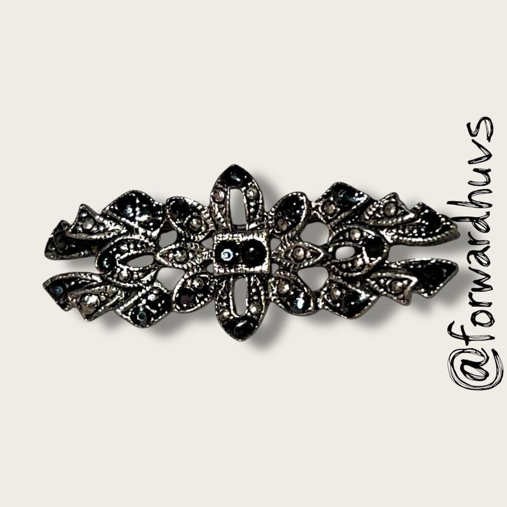 Vintage Sterling Silver Marcasite Floral Pin – C Clasp – Ornate 2” Brooch